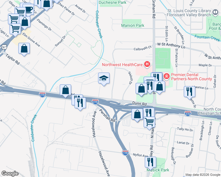 map of restaurants, bars, coffee shops, grocery stores, and more near 8821 Dunn Road in Hazelwood
