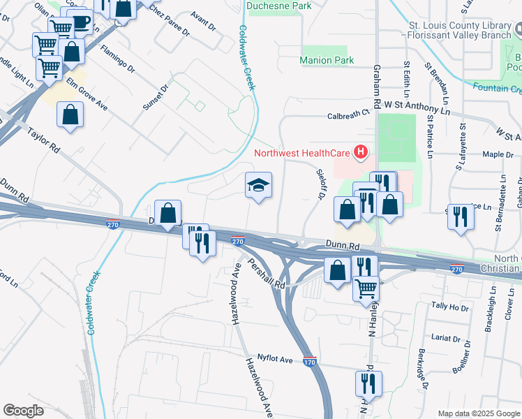 map of restaurants, bars, coffee shops, grocery stores, and more near 8821 Dunn Road in Hazelwood