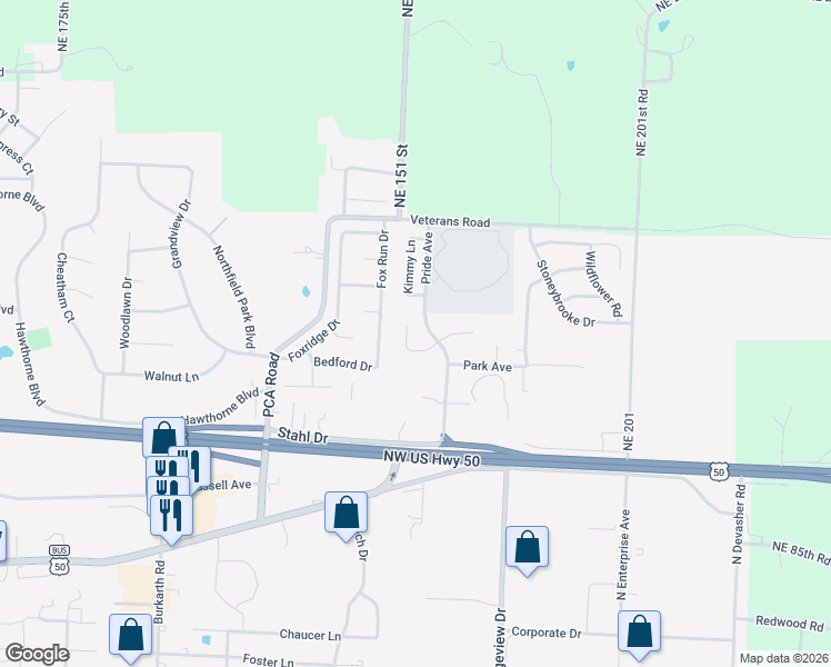 map of restaurants, bars, coffee shops, grocery stores, and more near 1113b Sandra Drive in Warrensburg