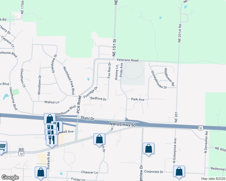 map of restaurants, bars, coffee shops, grocery stores, and more near 1113b Sandra Drive in Warrensburg