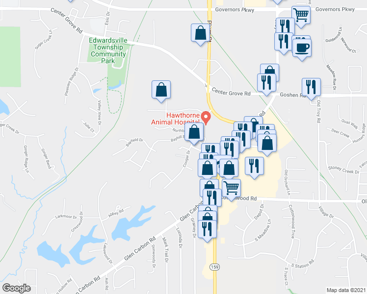 map of restaurants, bars, coffee shops, grocery stores, and more near Carrington Court in Glen Carbon