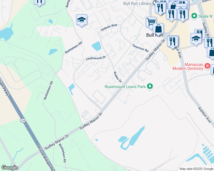 map of restaurants, bars, coffee shops, grocery stores, and more near 8245 Humphrey Lane in Manassas