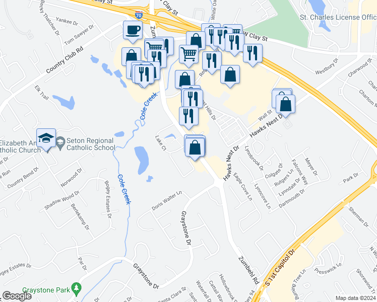 map of restaurants, bars, coffee shops, grocery stores, and more near 1508 Lake Court in Saint Charles