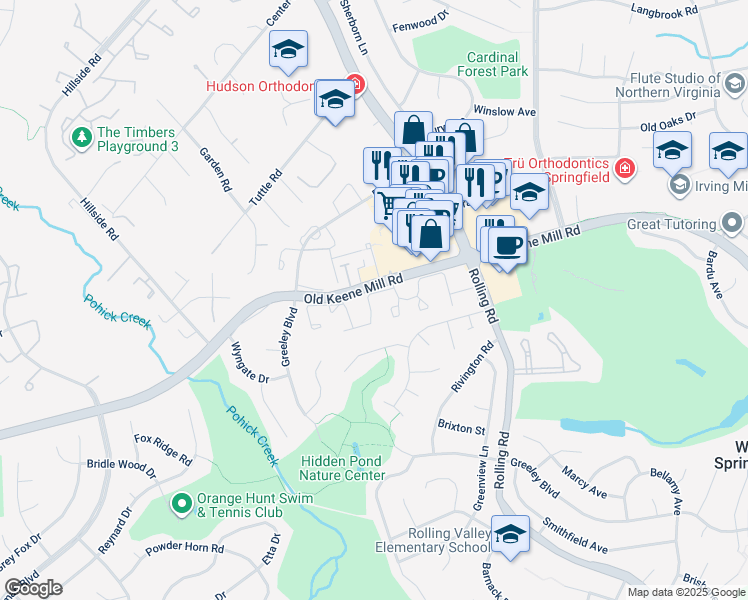 map of restaurants, bars, coffee shops, grocery stores, and more near 6357 English Ivy Way in West Springfield