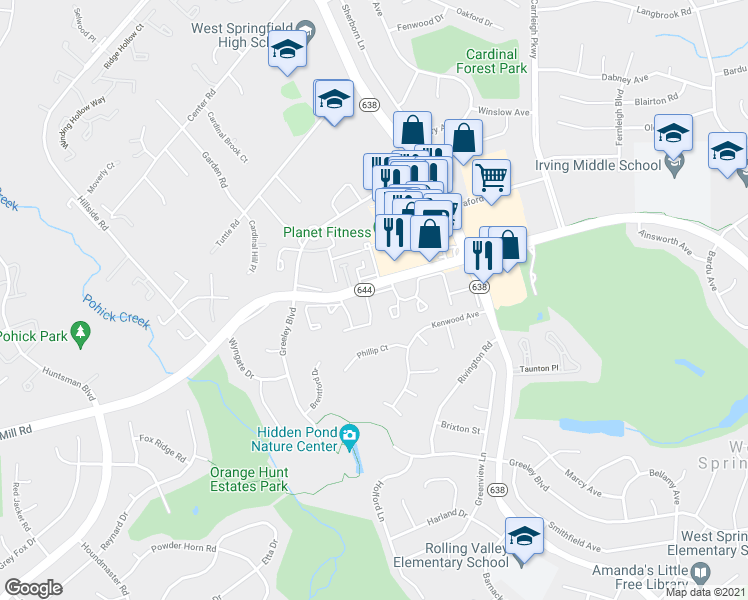 map of restaurants, bars, coffee shops, grocery stores, and more near 6357 English Ivy Way in West Springfield