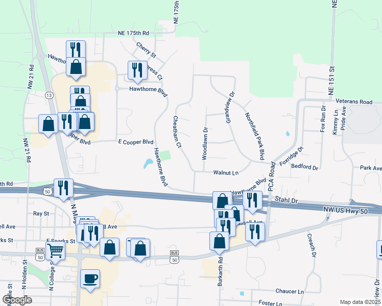 map of restaurants, bars, coffee shops, grocery stores, and more near 909 Cheatham Court in Warrensburg