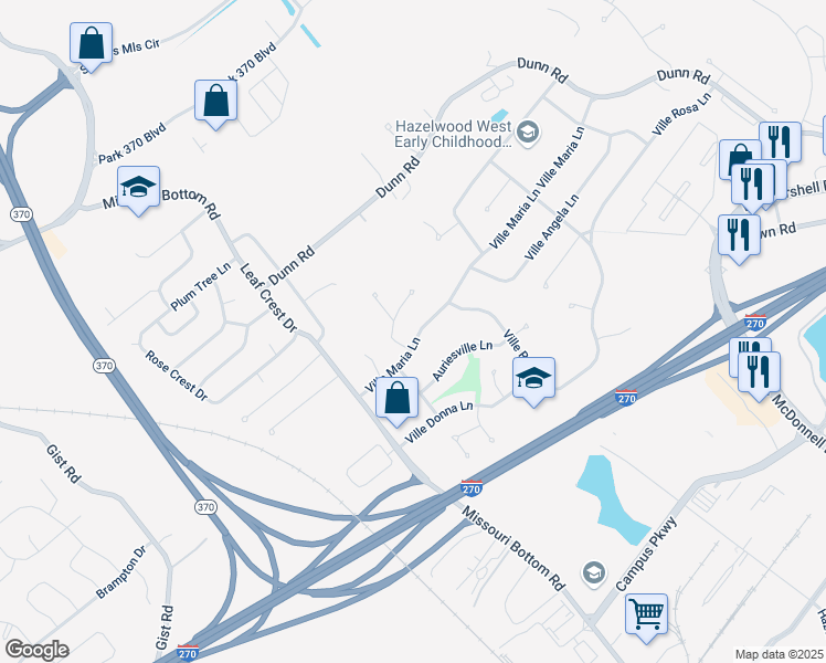 map of restaurants, bars, coffee shops, grocery stores, and more near 5121 Ville Maria Lane in Hazelwood