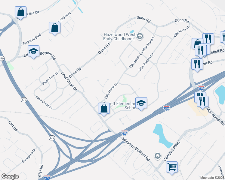 map of restaurants, bars, coffee shops, grocery stores, and more near 5121 Ville Maria Lane in Hazelwood