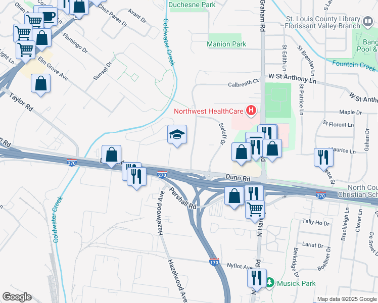 map of restaurants, bars, coffee shops, grocery stores, and more near 8821 Dunn Road in Hazelwood