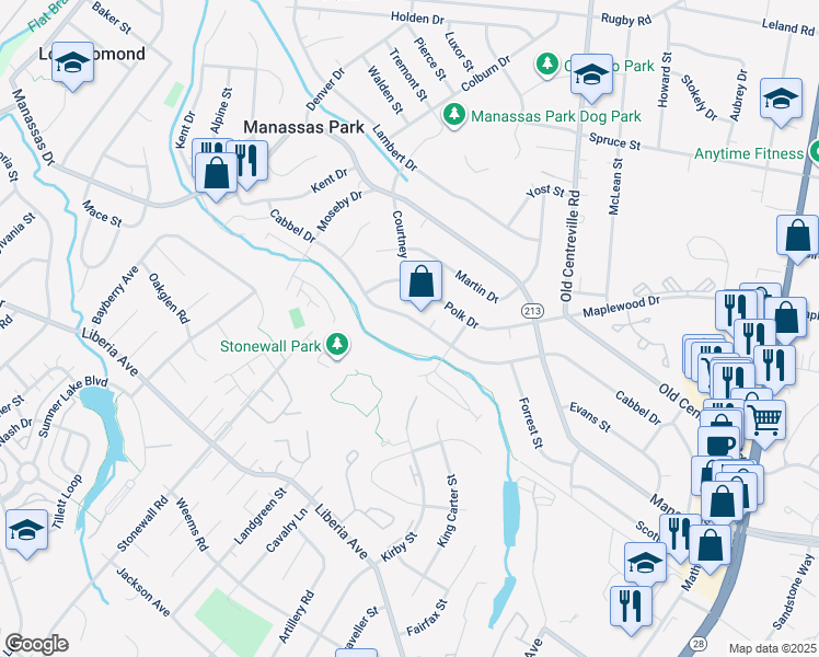 map of restaurants, bars, coffee shops, grocery stores, and more near 203 Cabbel Drive in Manassas Park