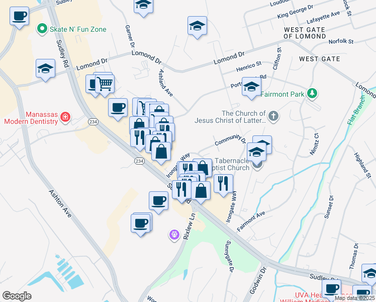 map of restaurants, bars, coffee shops, grocery stores, and more near 10256 Irongate Way in Manassas