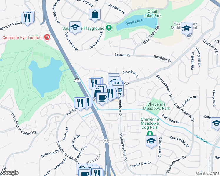map of restaurants, bars, coffee shops, grocery stores, and more near 841 San Antonio Place in Colorado Springs
