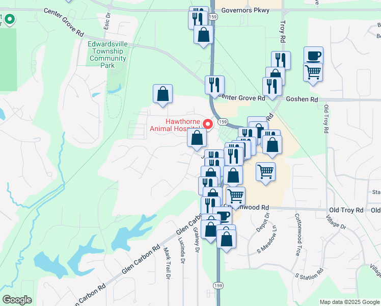 map of restaurants, bars, coffee shops, grocery stores, and more near 108 Carrington Court in Glen Carbon