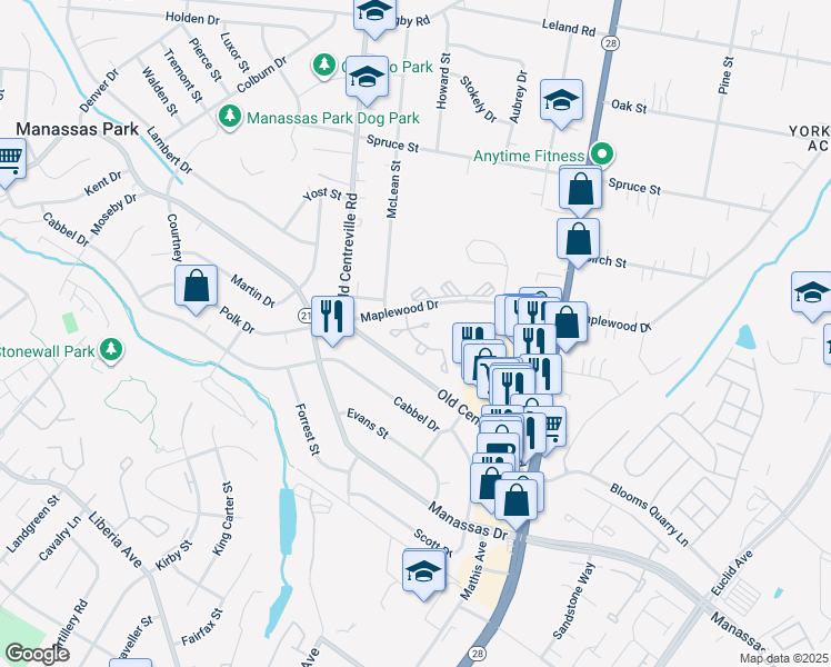 map of restaurants, bars, coffee shops, grocery stores, and more near 8289 Vermont Place in Manassas