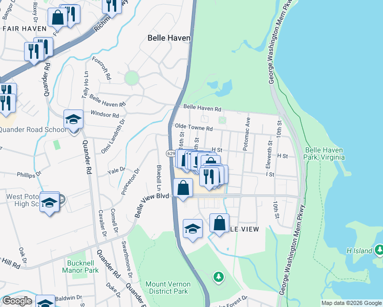 map of restaurants, bars, coffee shops, grocery stores, and more near 6414 15th Street in Alexandria