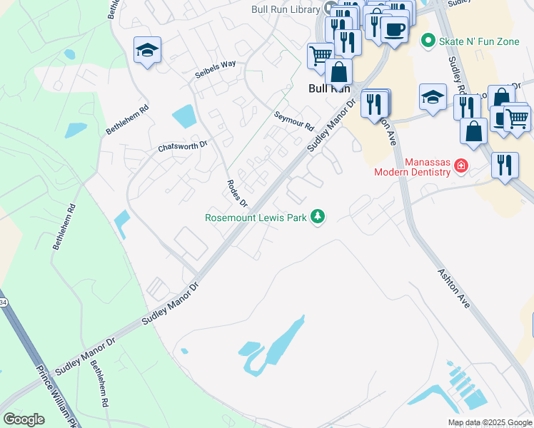 map of restaurants, bars, coffee shops, grocery stores, and more near 8235 Gibbon Place in Manassas