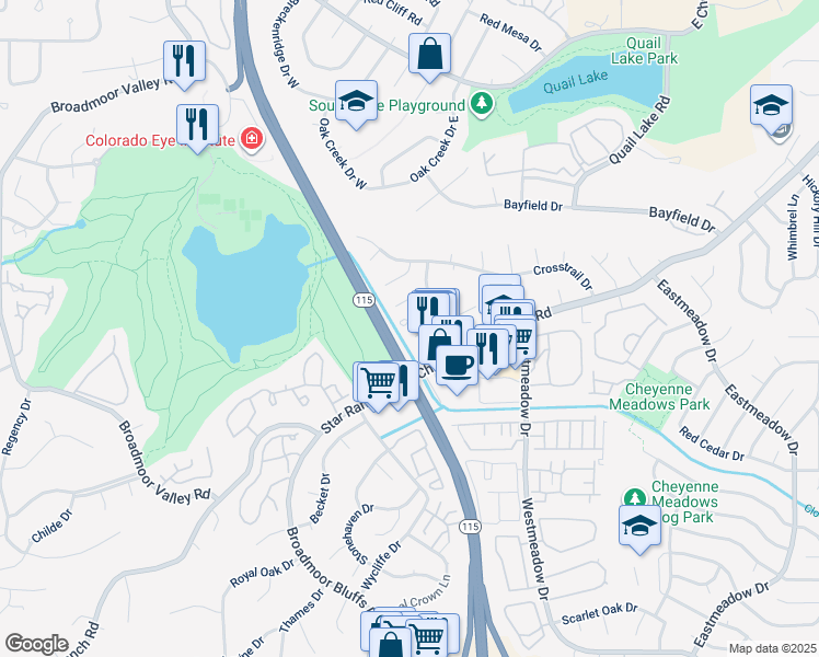 map of restaurants, bars, coffee shops, grocery stores, and more near 625 San Gabriel Place in Colorado Springs