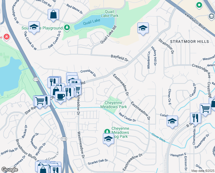 map of restaurants, bars, coffee shops, grocery stores, and more near 3835 Strawberry Field Grove in Colorado Springs