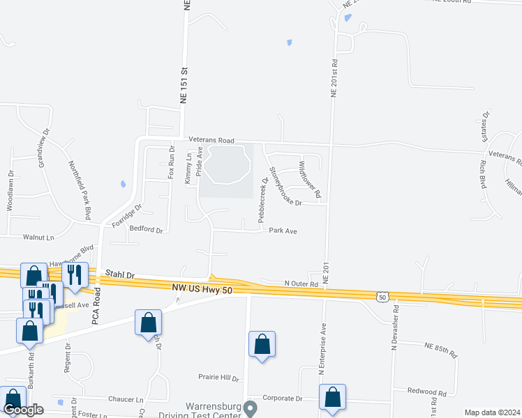 map of restaurants, bars, coffee shops, grocery stores, and more near 1206 Pebblecreek Drive in Warrensburg