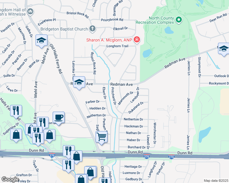 map of restaurants, bars, coffee shops, grocery stores, and more near 11172 Pritchard Drive in St. Louis