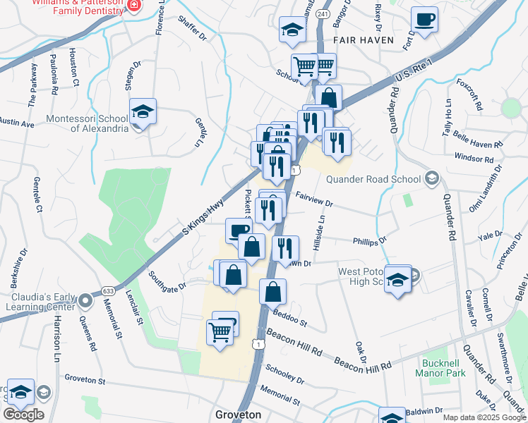 map of restaurants, bars, coffee shops, grocery stores, and more near 2820 Franklin Street in Alexandria