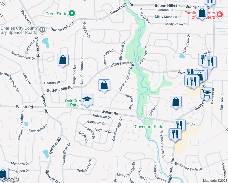map of restaurants, bars, coffee shops, grocery stores, and more near 81 Spencer Trail in St. Peters
