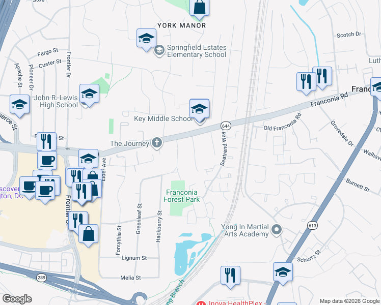 map of restaurants, bars, coffee shops, grocery stores, and more near 6412 Japonica Street in Springfield