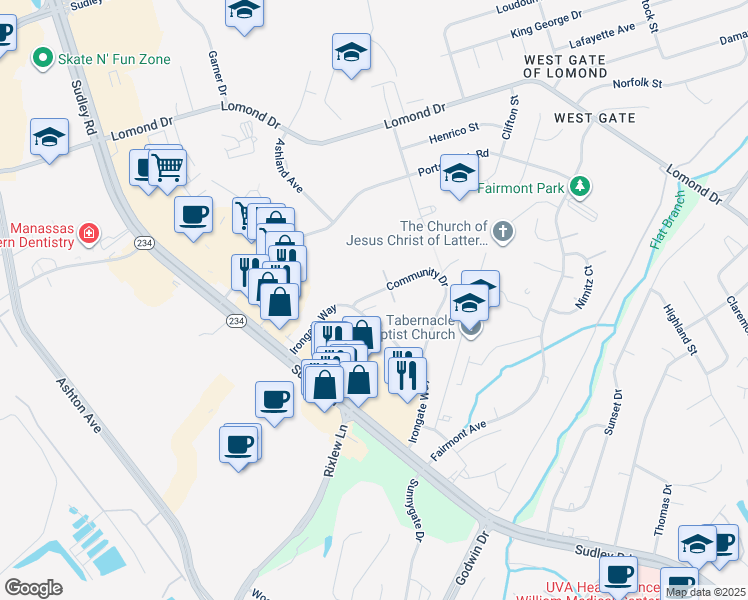 map of restaurants, bars, coffee shops, grocery stores, and more near 10168 Cannon Ball Court in Manassas