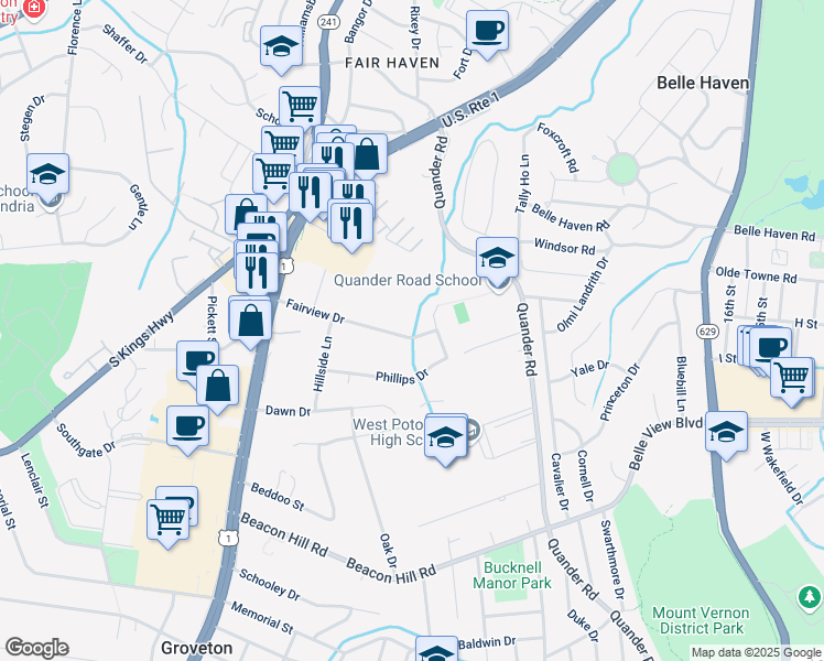 map of restaurants, bars, coffee shops, grocery stores, and more near 2408 Fairview Drive in Alexandria