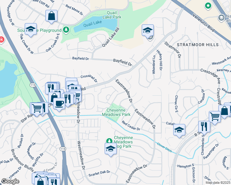 map of restaurants, bars, coffee shops, grocery stores, and more near 3835 Strawberry Field Grove in Colorado Springs