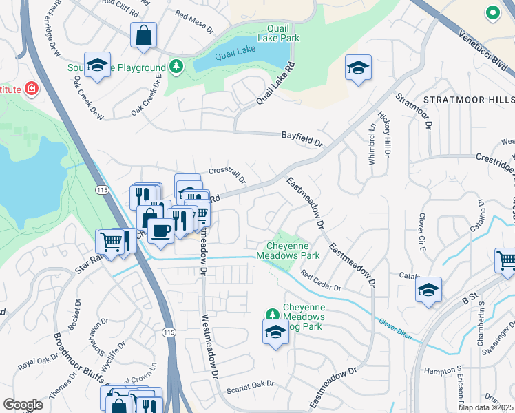 map of restaurants, bars, coffee shops, grocery stores, and more near 3645 Strawberry Field Grove in Colorado Springs