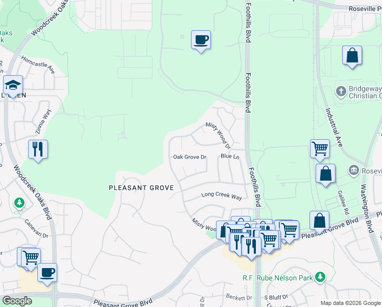 map of restaurants, bars, coffee shops, grocery stores, and more near 1446 Oak Grove Drive in Roseville