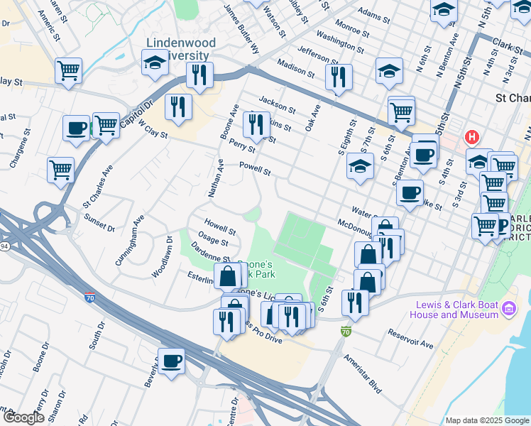 map of restaurants, bars, coffee shops, grocery stores, and more near 833 Oak Avenue in Saint Charles