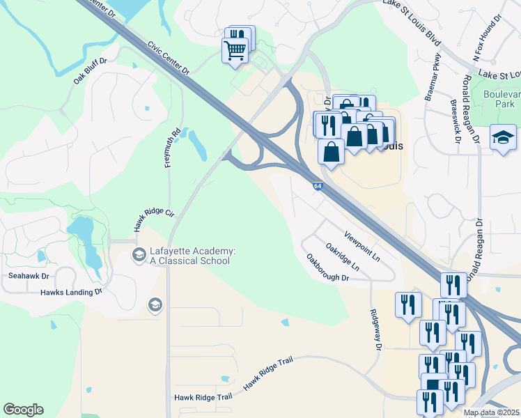 map of restaurants, bars, coffee shops, grocery stores, and more near 125 Sunglow Drive in O'Fallon