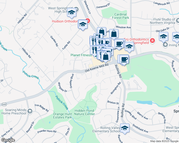 map of restaurants, bars, coffee shops, grocery stores, and more near 6350 English Ivy Way in West Springfield