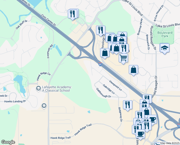 map of restaurants, bars, coffee shops, grocery stores, and more near 125 Sunglow Drive in O'Fallon