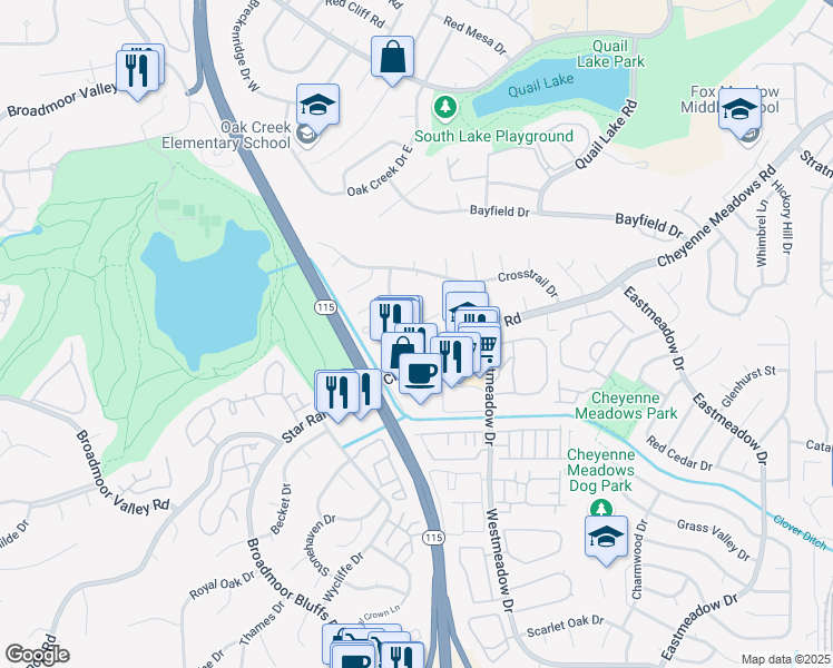 map of restaurants, bars, coffee shops, grocery stores, and more near 803 San Bruno Place in Colorado Springs