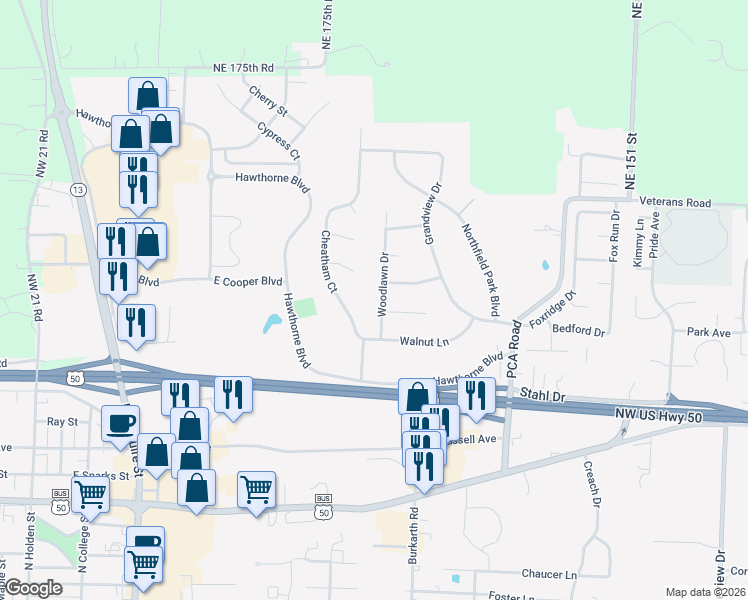 map of restaurants, bars, coffee shops, grocery stores, and more near 909 Cheatham Court in Warrensburg