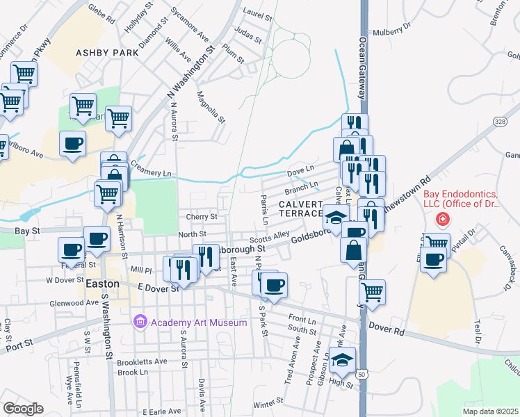 map of restaurants, bars, coffee shops, grocery stores, and more near 109 Parris Lane in Easton