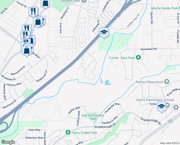 map of restaurants, bars, coffee shops, grocery stores, and more near 6220 Rustic Hills Drive in Rocklin