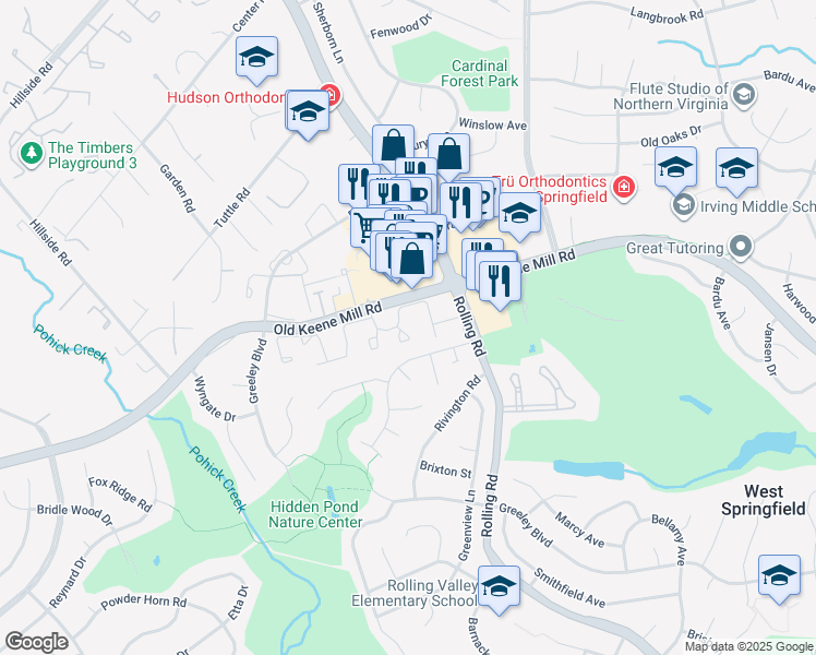 map of restaurants, bars, coffee shops, grocery stores, and more near 6305 Millwood Circle in West Springfield