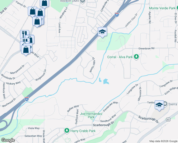 map of restaurants, bars, coffee shops, grocery stores, and more near 6215 Rustic Hills Drive in Rocklin