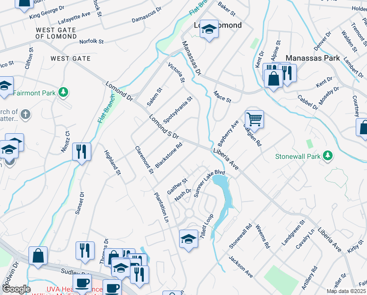 map of restaurants, bars, coffee shops, grocery stores, and more near 9403 Blackstone Rd in Manassas