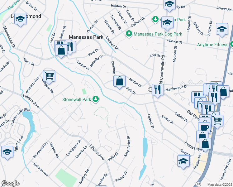 map of restaurants, bars, coffee shops, grocery stores, and more near 203 Cabbel Drive in Manassas Park