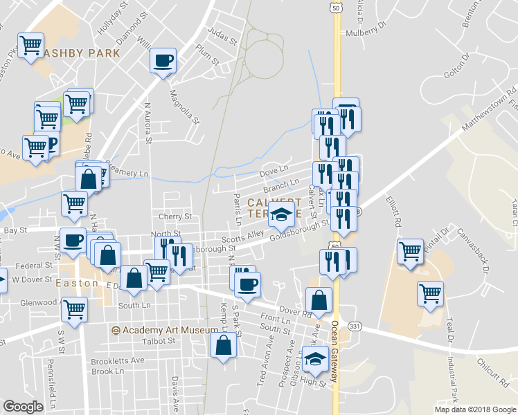 map of restaurants, bars, coffee shops, grocery stores, and more near 638 Howard Street in Easton