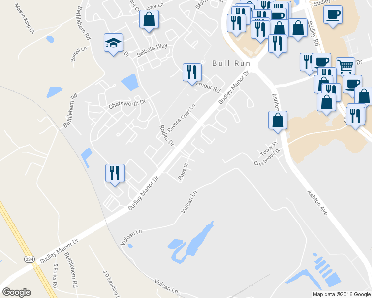 map of restaurants, bars, coffee shops, grocery stores, and more near 8231 Gibbon Place in Manassas