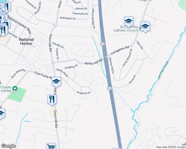 map of restaurants, bars, coffee shops, grocery stores, and more near 535 Kerby Parkway in Fort Washington