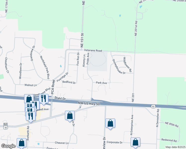 map of restaurants, bars, coffee shops, grocery stores, and more near 1303a Sandra Drive in Warrensburg