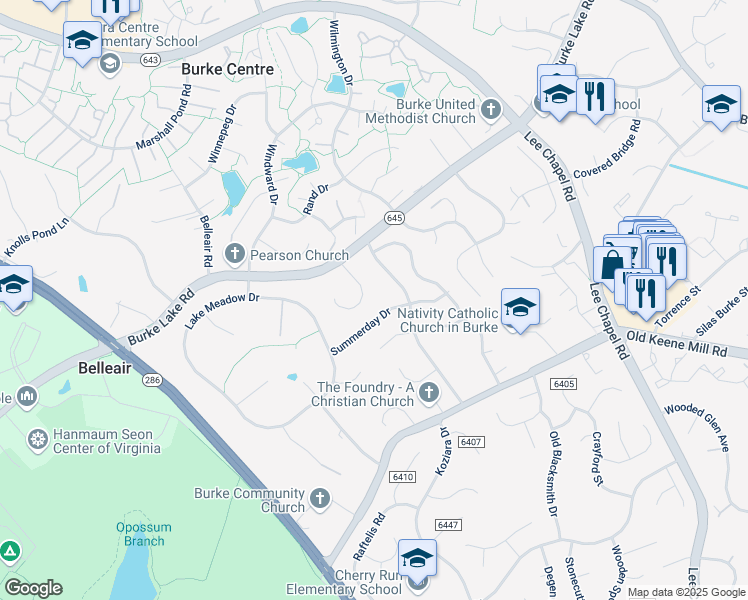 map of restaurants, bars, coffee shops, grocery stores, and more near 6313 Summerday Court in Burke