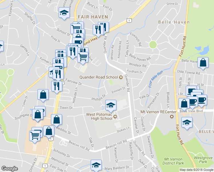 map of restaurants, bars, coffee shops, grocery stores, and more near 2411 Phillips Drive in Alexandria